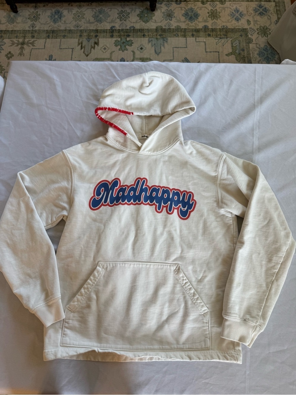 Madhappy Cream Hoodie with Blue and Red Logo and stitching - Picture 9 of 13